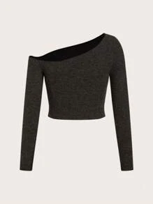 SHEIN ICON 不對稱領短款T恤 - 黑色 - 查看 2