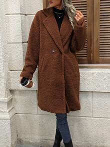 SHEIN LUNE Lapel Neck Slant Pocket Double Button Teddy Coat - Brown - View 5
