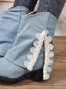 女性馬術&西方風格燈藍色的高跟鞋復古尖頭堆跟及膝靴子帶流蘇和筒襪美式短靴 - 藍色 - 查看 8