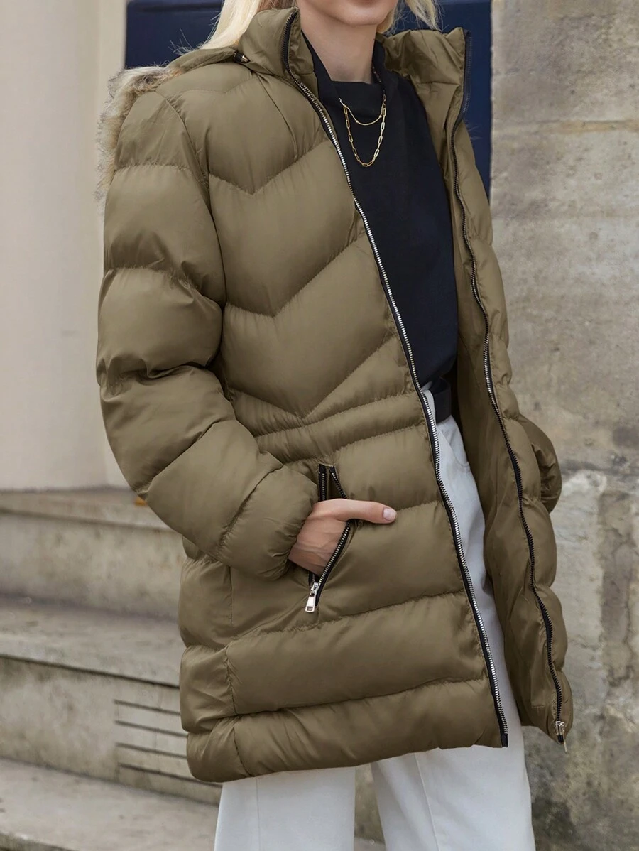 EURMUSE Ladies' Padded Coat With Frayed Collar - Army Green - View 1