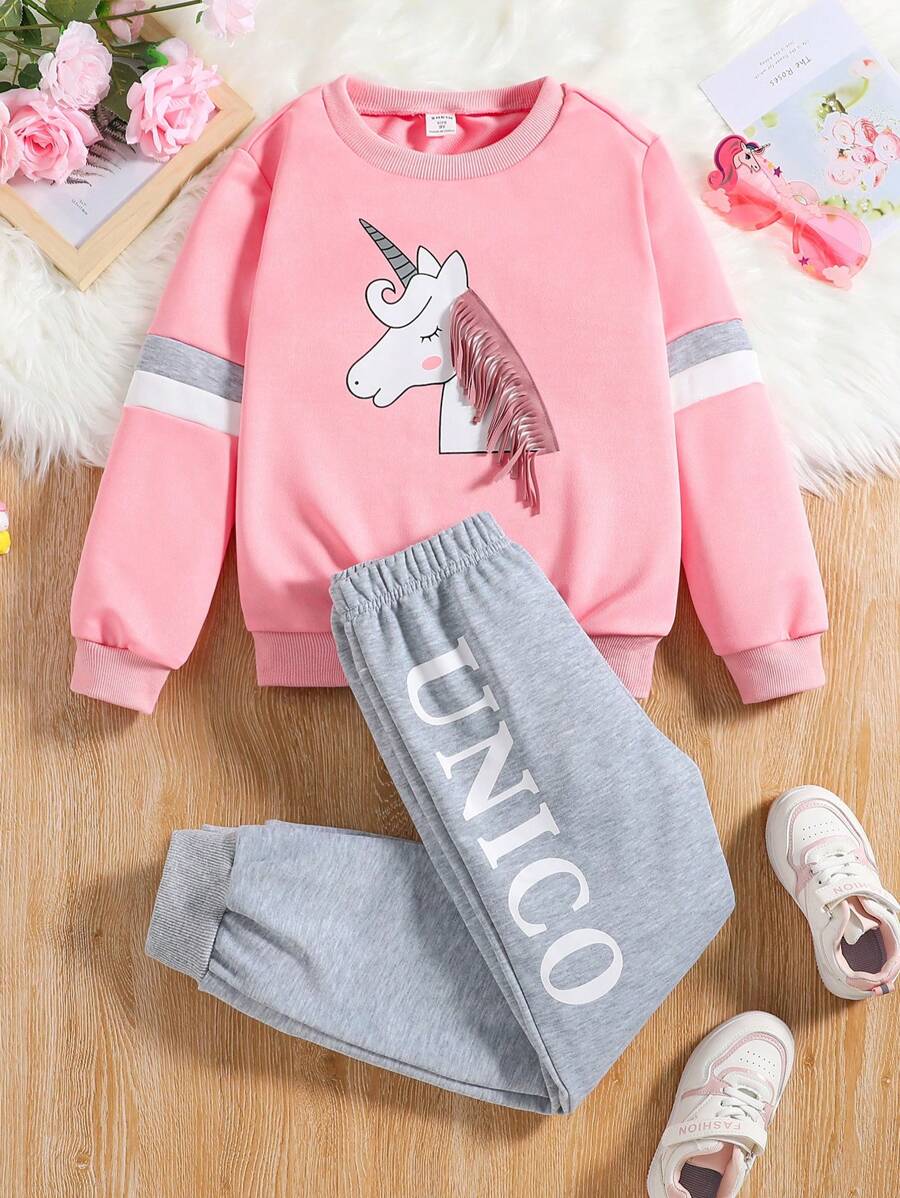 SHEIN Cô gái Tween Kỳ lân in Panel Tương phản Áo nỉ & Đồ họa Chữ cái Quần thể thao - Hồng - Xem 1