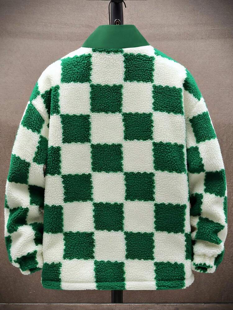 Men's Loose-Fit Checker Printed Zip-Up Jacket With Letter Patchwork