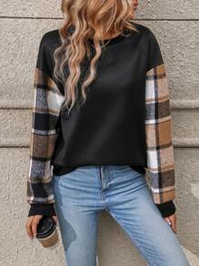 EMERY ROSE Sudadera de cuadros en contraste con estampado de hombros caídos - Negro - Ver 1
