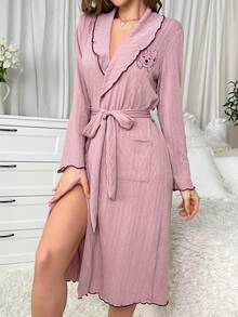 Cartoon Graphic Contrast Binding Belted Robe - Dusty Pink - View 4