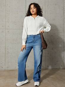 SHEIN Teen Girl Cable Knit Drop Shoulder Hooded Cardigan - White - View 3