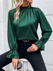 SHEIN Privé Frill Neck Flounce Sleeve Blouse - Green - View 6
