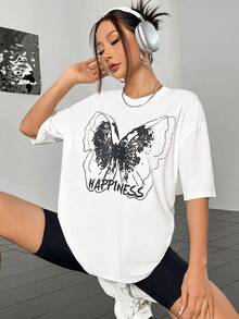 SHEIN Unity Camiseta de hombros caídos con estampado de mariposa y letra - Blanco - Ver 5