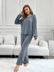 女式纯色罗纹长袖上衣和长裤家居服套装 - 霧霾藍 - 查看 7