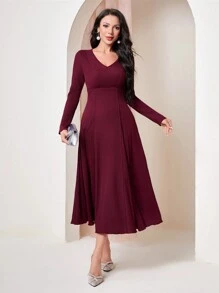 Modelyn V領純色高腰長袖連身裙 - 紅色 - 查看 1