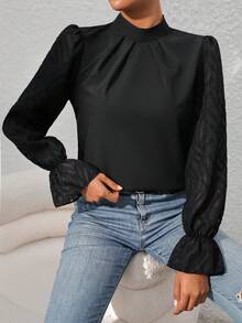 SHEIN Unity Lưới tương phản Tay áo loe Cổ giả Áo sơ mi - màu đen - Xem 5