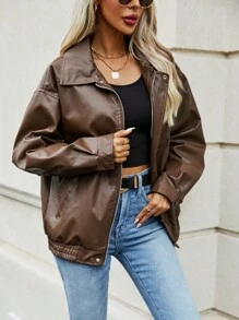 SHEIN LUNE Áo khoác nữ Túi Dây kéo màu trơn Giải trí - Cà phê nâu - Xem 3