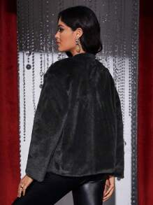 Zolique Solid Open Front Fuzzy Coat - Grey - View 2