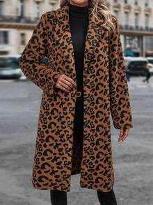 SHEIN Essnce Leopard Print Lapel Neck Open Front Coat - Coffee Brown - View 4