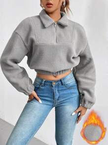 SHEIN Essnce Một nửa khóa kéo Thả vai Mùa vụ Teddy Áo nỉ - Xám - Xem 1