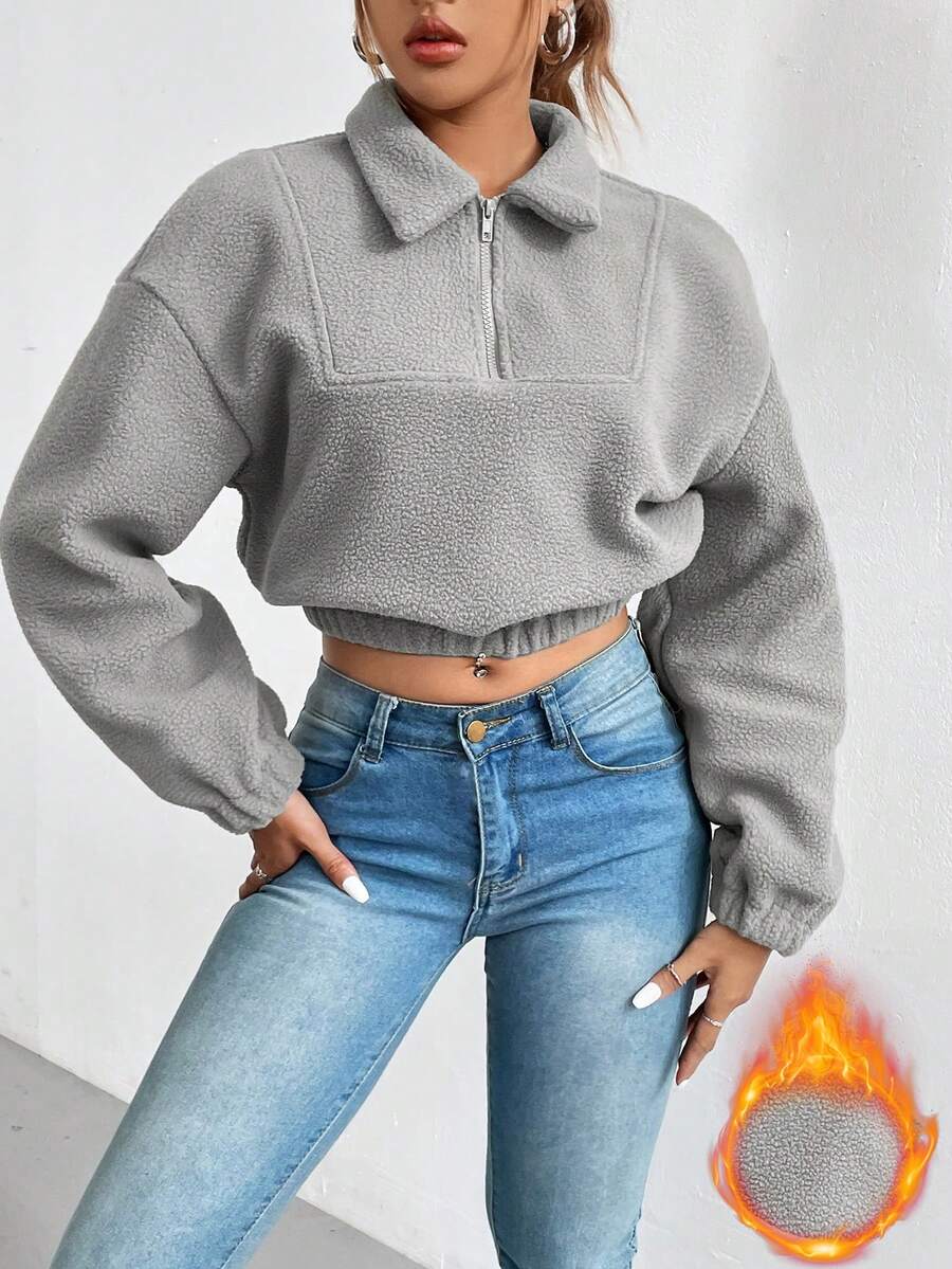 SHEIN Essnce Một nửa khóa kéo Thả vai Mùa vụ Teddy Áo nỉ - Xám - Xem 1