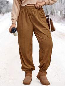 SHEIN LUNE 大碼素色彈性腰帶長褲 - 棕色 - 查看 3