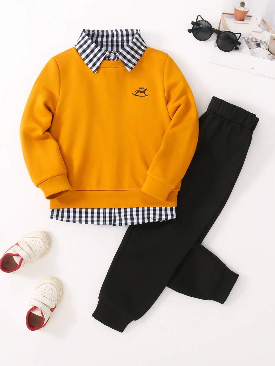 SHEIN 2 件套年轻男孩可爱休闲黄色刺绣运动衫和黑色裤子舒适服装，秋冬 - 黃色 - 查看 1