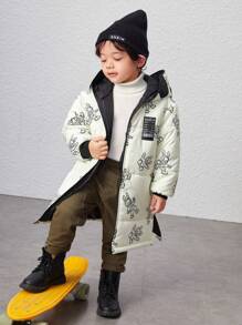 SHEIN 年轻男孩字母贴片细节卡通印花连帽棉服外套