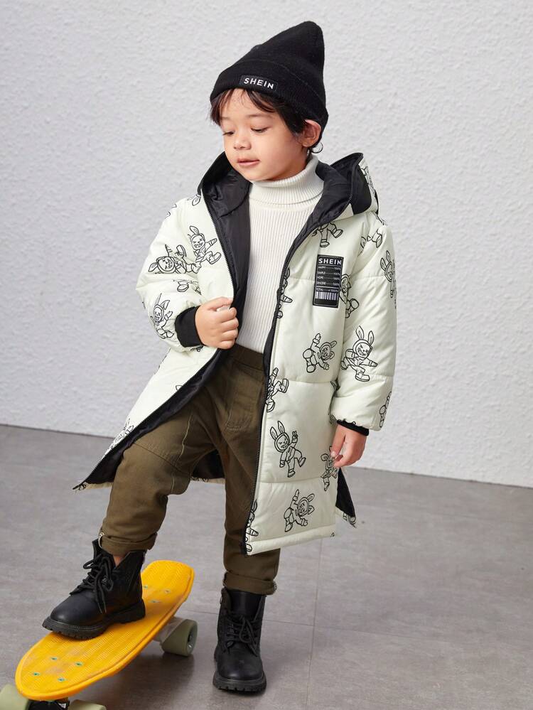 Young Boy Letter Patched Detail Cartoon Print Hooded Padded Coat