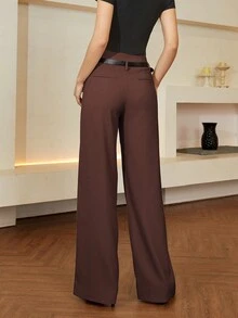 SHEIN Black Friday x Star Picks Women High Waisted Solid Color Straight Leg Casual Pants, Old Money Style, Business Casual, Spring/Summer - Chocolate Brown - View 2