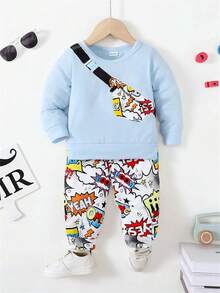 2pcs/set Cute Soft Breathable Printed Sports Sweater And Cartoon Printed Pants Infant Boy's Casual Outfits