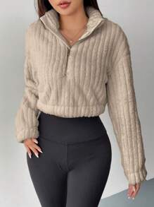 SHEIN EZwear Sudadera corta de media cremallera con caída de hombros color caqui, blusas de manga larga
