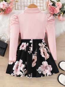 SHEIN Giovane Ragazza Maglia A Manica A Sbuffo Con Collo Alto E Gonna A Stampa Floreale - Rosa - Visualizzare 2