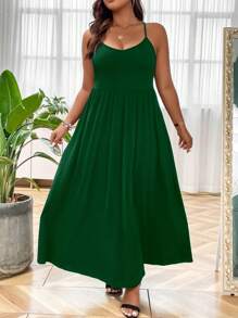 SHEIN LUNE Vestido largo de mujer tipo camiseta de talla grande de un solo color - Verde Oscuro - Ver 3