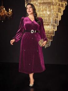 Modelyn Burgundy Red Plus Lantern Sleeve Velvet Dress Without Belt