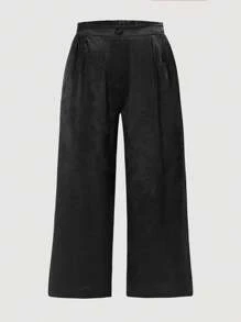 SHEIN ICON 大碼素色拼接細節西裝褲 - 黑色 - 查看 1