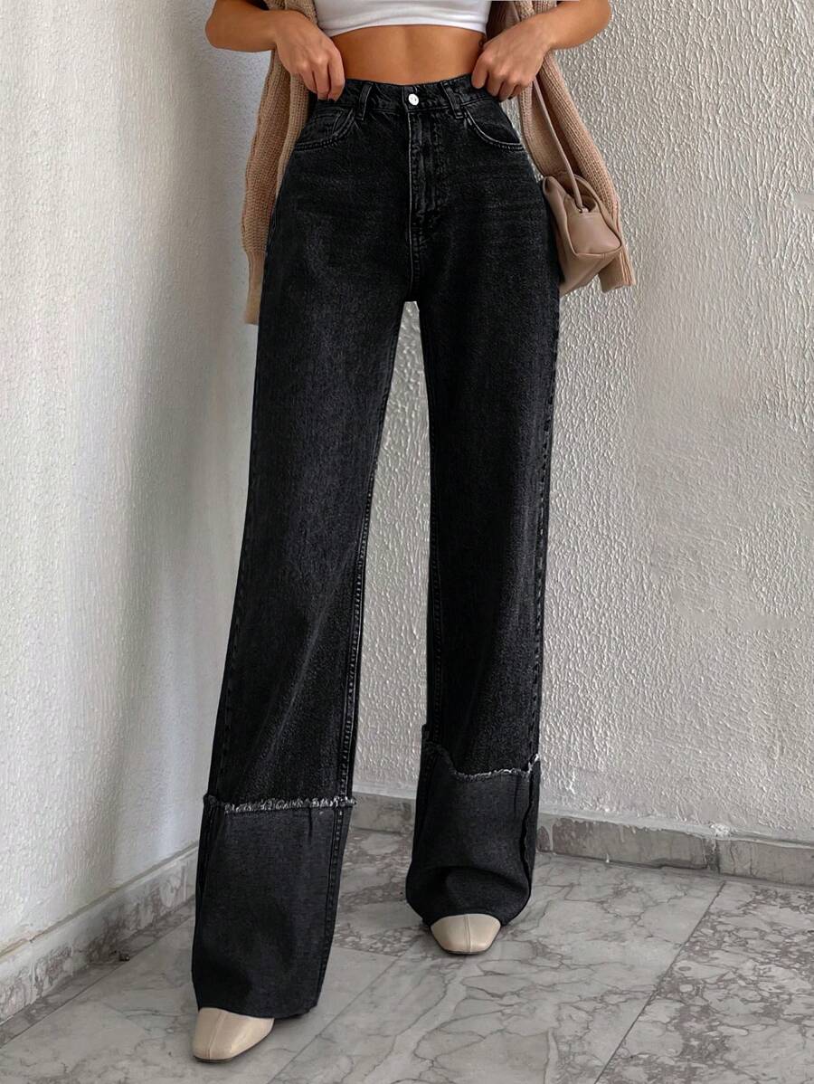 SHEIN Cottnline Straight Leg High Waisted Jeans - Black - View 1