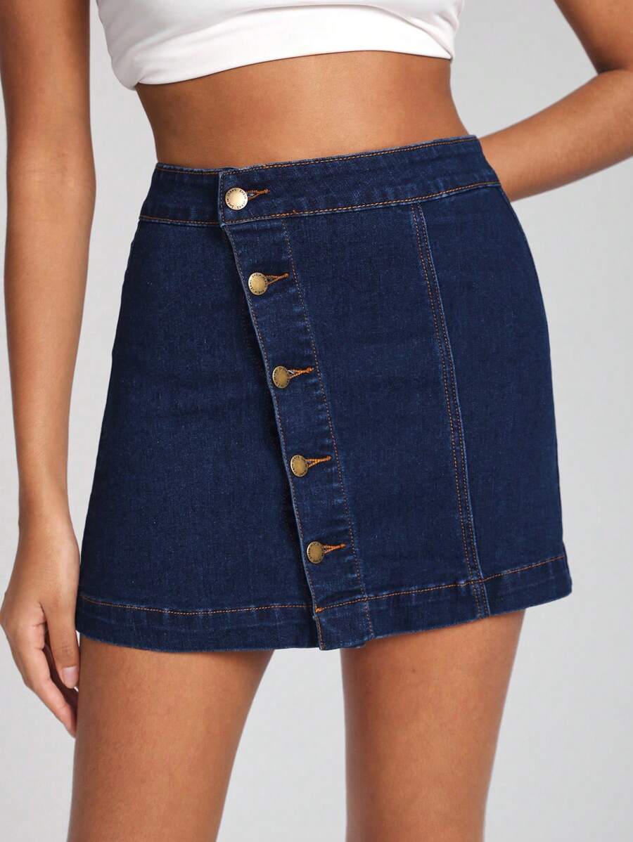 VERO DIAZ Nút phía trước Váy Denim - Màu xanh lam - Xem 1