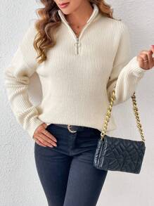 SHEIN LUNE Pull Zippé Côtelé Épaule Tombante