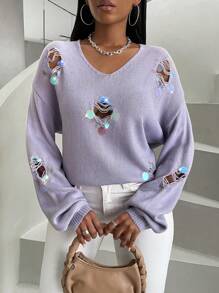 Zolique Sequin Decor Drop Shoulder Ripped Knit Pullover Fall Winter Sweater - Purple - View 6
