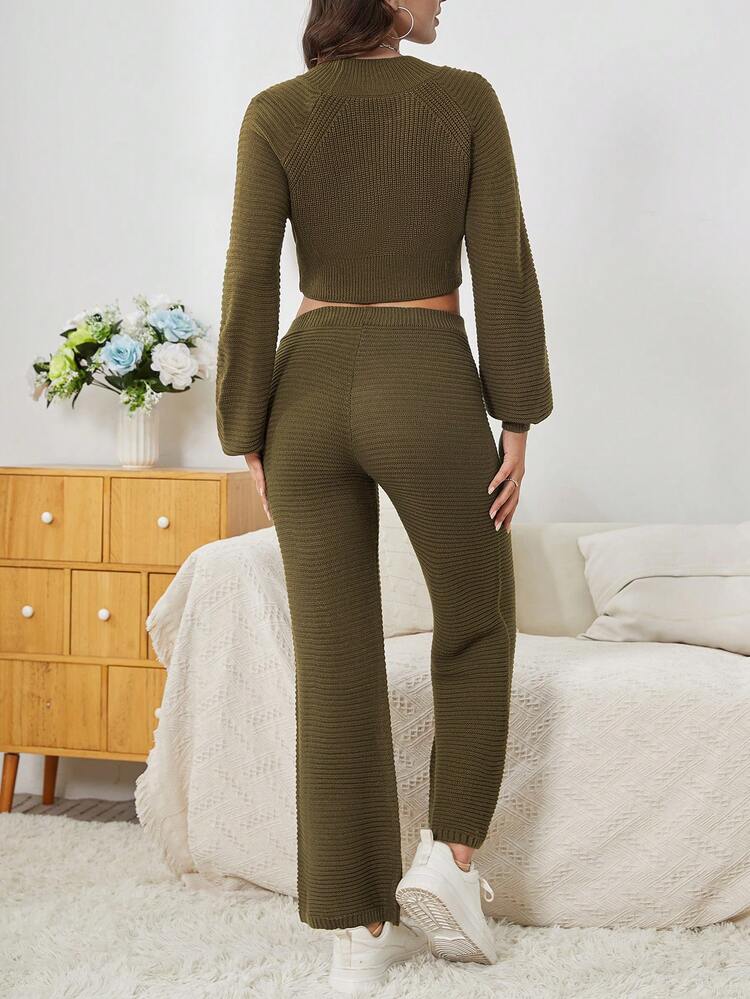 Raglan Sleeve Crop Sweater & Knit Pants Fall Cloth For Women