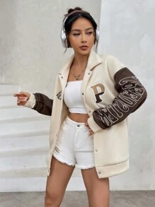 SHEIN Unity Chaqueta casual de manga larga con botones delanteros y estampado de letras en contraste de color