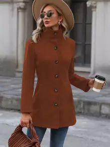 SHEIN Clasi Abrigo unicolor con botón delantero - Marrón - Ver 1