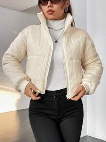 SHEIN Unity Zip Up Crop Padded Coat For Winter - Apricot - View 5