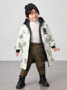 SHEIN 年轻男孩字母贴片细节卡通印花连帽棉服外套