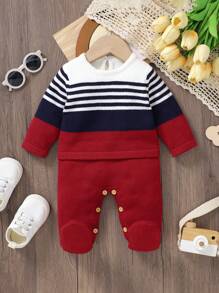 SHEIN Baby Boy Striped Colorblock Knitted Romper - Red - View 1
