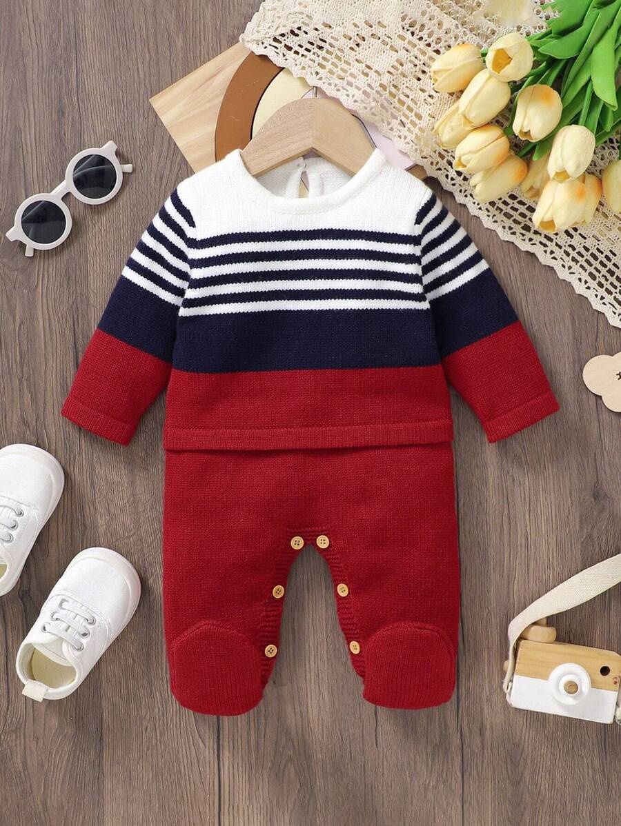 SHEIN Baby Boy Striped Colorblock Knitted Romper - Red - View 1