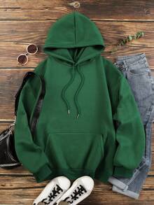 SHEIN EZwear 骷髏&標語圖案抽繩加絨內裏連帽衫 - 墨綠色 - 查看 2