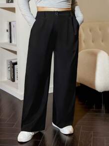SHEIN EZwear Plus Size High Waist Solid Color Suit Pants Graduation,Back To School,Teacher Outfits For Women In Fall/Winter - Black - View 5