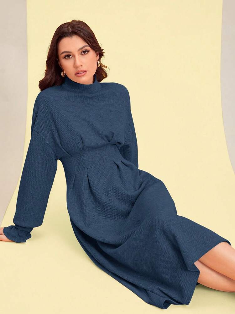 Women's Solid Color Half High Neck Ruffle Sleeve Dress