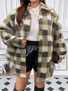 Flirla معطف تيدي طباعة مربع النقش حزام مقاس كبير