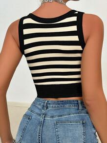 條紋印花短款背心 - 黑色 - 查看 2