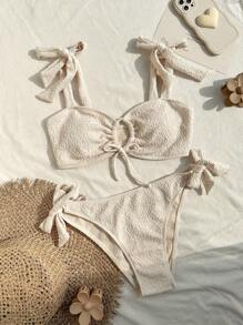 SHEIN Swim Nút phía trước Cắt ra Bộ Bikini - Màu be - Xem 1