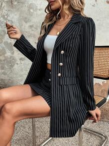 EMERY ROSE Striped Print Double Breasted Blazer & Skirt Fall Cloth For Women - Black - View 4