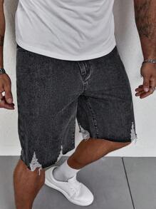 SHEIN Manfinity Homme 男款鬆身撕破口袋彈性牛仔短褲 - 深灰色 - 查看 1