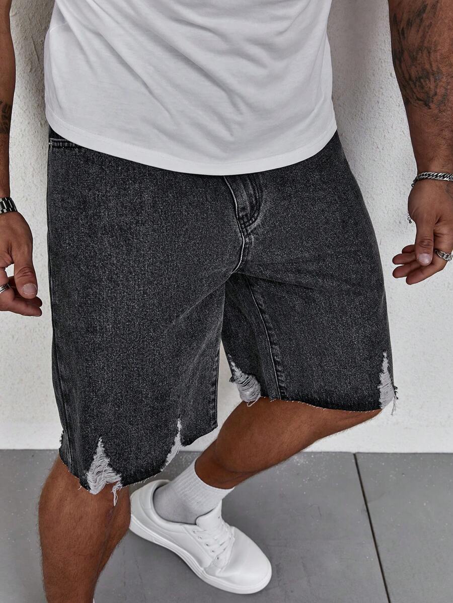 SHEIN Manfinity Homme 男款鬆身撕破口袋彈性牛仔短褲 - 深灰色 - 查看 1
